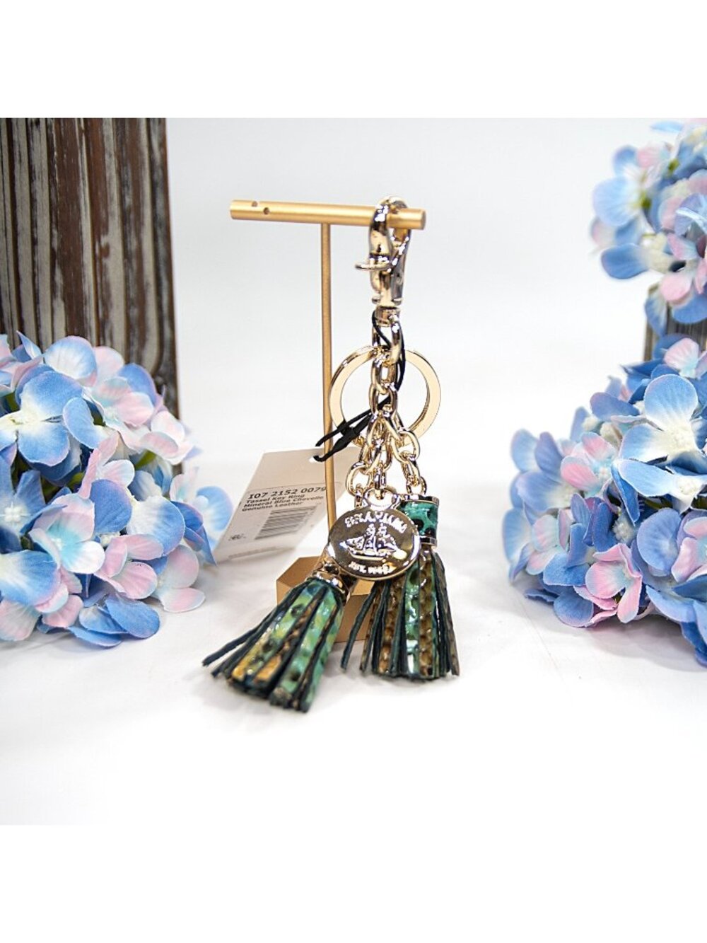 Brahmin Mineral Blue Chevelle Leather Double Tassel Keychain Bag Charm NWT